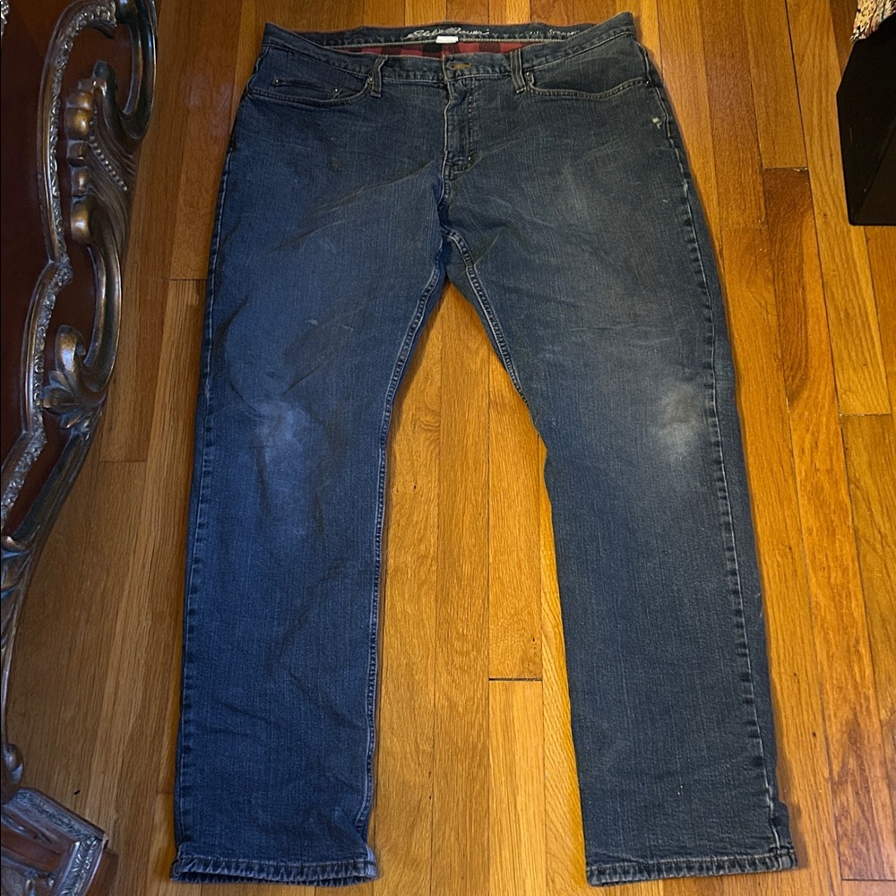 MENS EDDIE BAUER FLANNEL LINED JEANS 38x34 RIPPED BUT GREAT OUTDOOR WORK PANTS